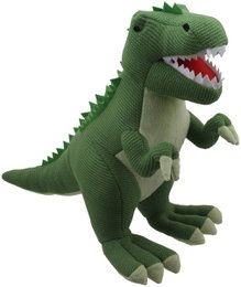 Green knitted T-Rex dinosaur plush toy with red mouth and spiky back details.