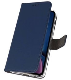 Navy blue leather smartphone case for iPhone XR with card slots and stand functionality.