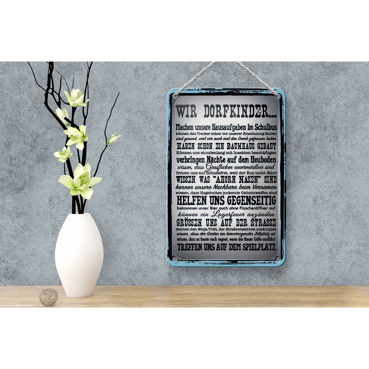 Blechschild Spruch 12x18cm wir Dorfkinder Hausaufgaben Bus Dekoration
