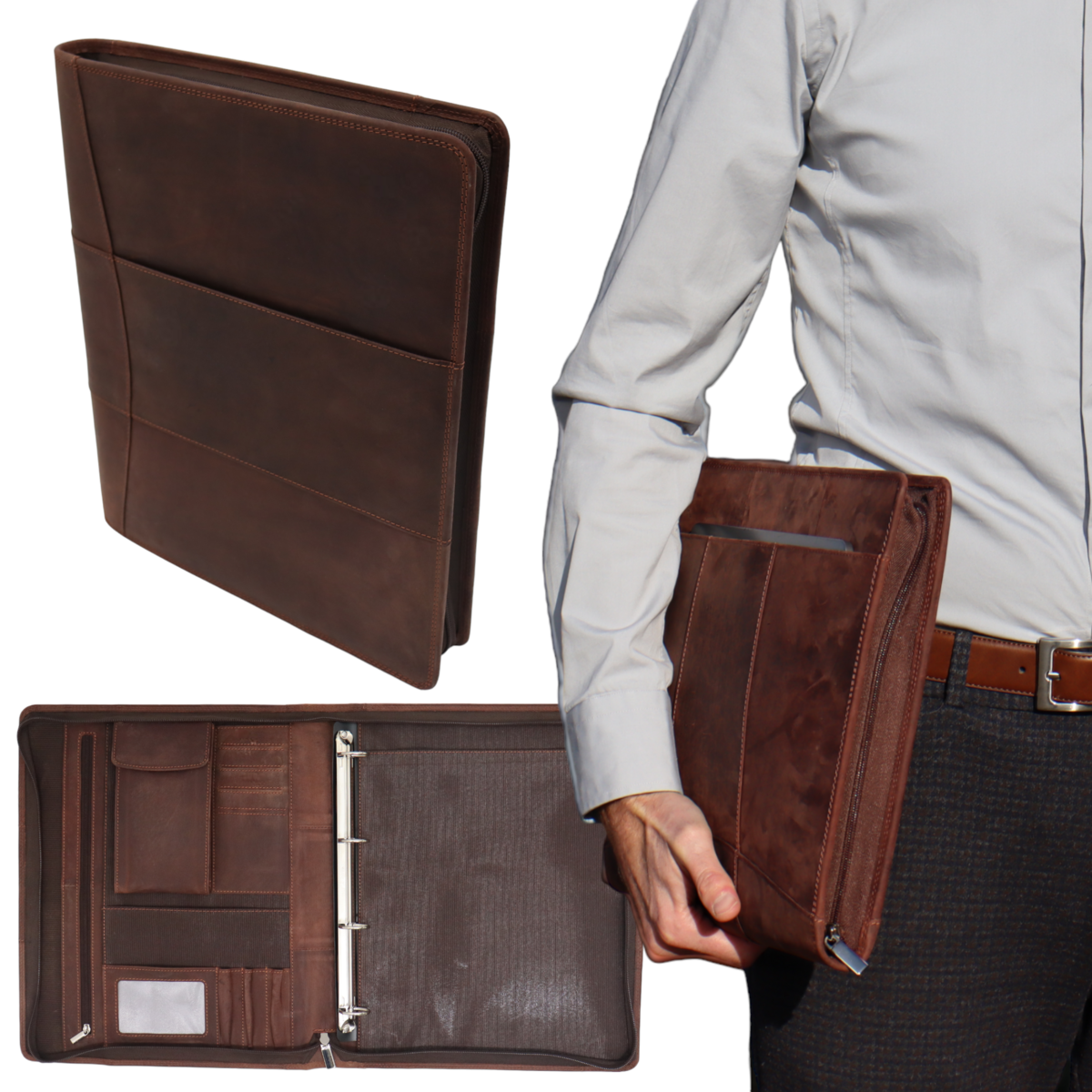 Leather Writing Case A4 - Conference Folder - Document Folder A4 - Tablet Sleeve & Laptop Sleeve - Removable Ring Binder