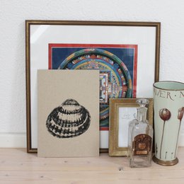 Framed art print featuring a black and white illustration of a seashell. The print has a simple, minimalist style and is suitable for wall decor in a variety of settings.