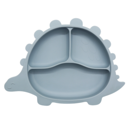 Matte suction cup plate in powder blue color with a dinosaur design, suitable for kids' meals.