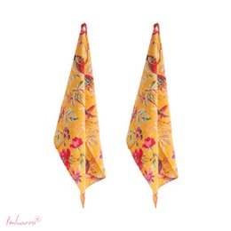 Two yellow kitchen towels with a vibrant floral and bird pattern.