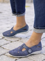 Women's blue, silver, black, and red sandals with adjustable straps and a comfortable, casual design.