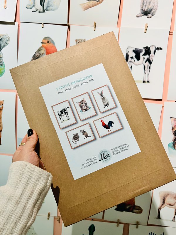 5 Dierenposters boerderijdieren - A4 - babykamer kinderkamer - kraamcadeau - wanddecoratie - handgeschilderd door Mies met aquarel