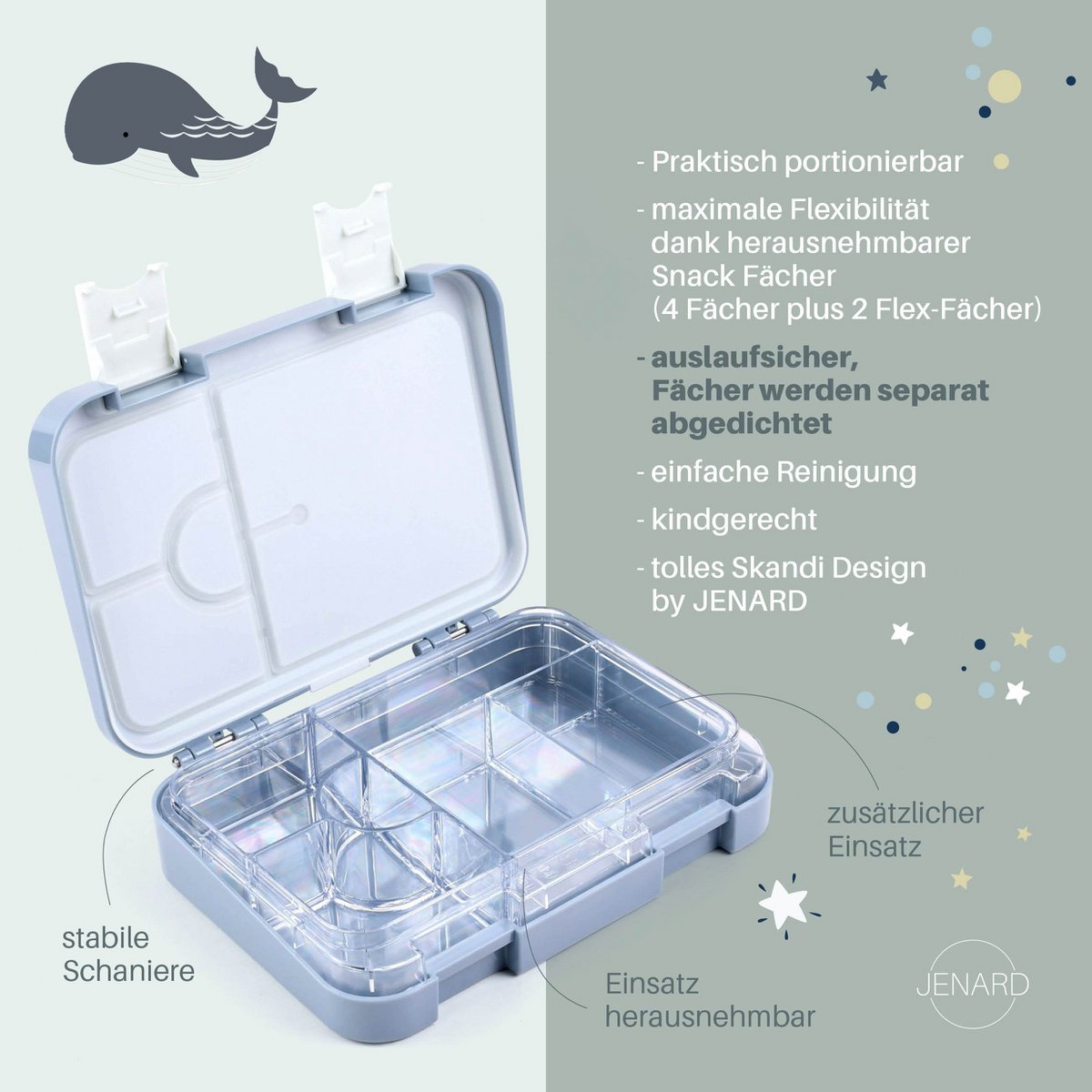 Kinderlunchbox lekvrij met vakken - Bento lunchbox kleuterschool BPA vrij - wereldkaart met dieren - JENARD