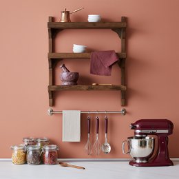 Wooden spice rack with 3 shelves, rustic industrial style, suitable for kitchen storage.