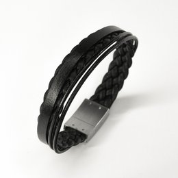 Black braided leather bracelet with metal clasp