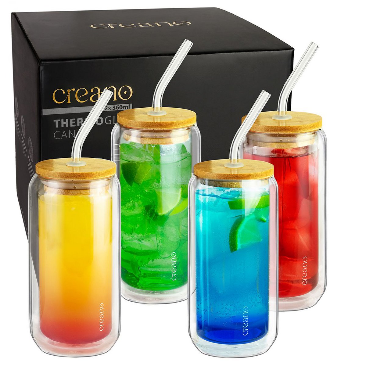 Creano Trinkglas 360ml Deckel Strohhalm 4er-Set