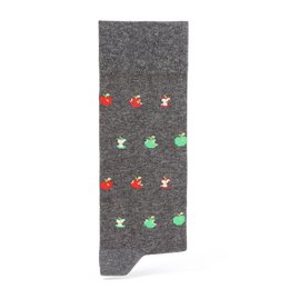 "Grey socks with colorful apple designs, suitable for casual wear or as a gift."
The product is a pair of grey socks with colorful apple designs. The socks feature small, stylized apple shapes in various shades of red and green, scattered across the grey fabric. This design would be suitable for casual wear or as a gift item, particularly for those who enjoy fruit-themed or nature-inspired patterns.