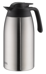 Stainless steel jug with black lid, 2.0 liter capacity, suitable for hot and cold beverages.
