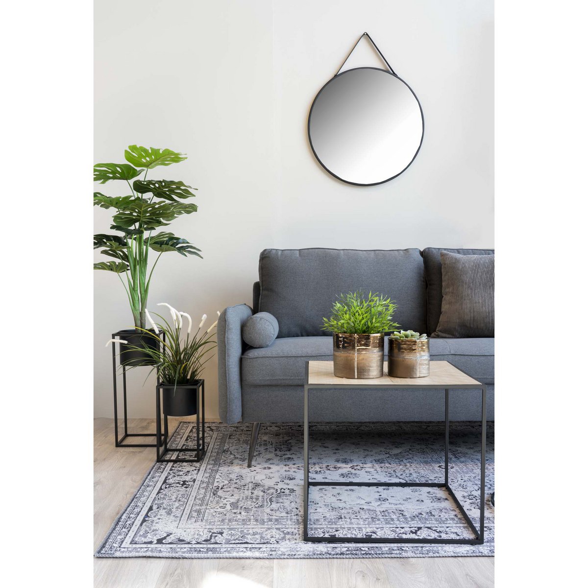 Trapani Mirror - Black, Steel, Artificial Leather, Ø38cm
