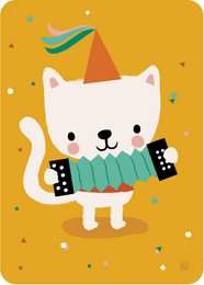 A cute white cat wearing a party hat and holding a harmonica, surrounded by colorful confetti on an orange background. This birthday card design features a playful and whimsical illustration of a feline musician.