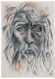 A detailed portrait of a bearded, elderly man with long, flowing hair. The image has a mystical, ethereal quality, with the man's eyes conveying a sense of wisdom and depth.