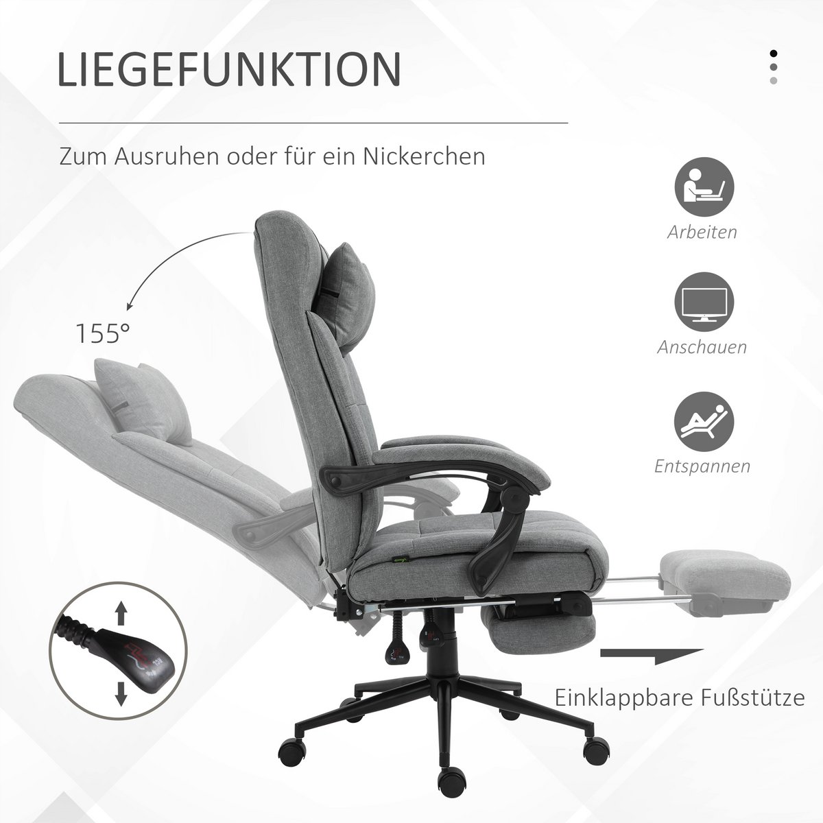 Office chair with pillow armrest Desk chair with tilt angle Height-adjustable swivel chair with footrest Linen foam PVC Light gray 66 x 76 x 112-120 cm
