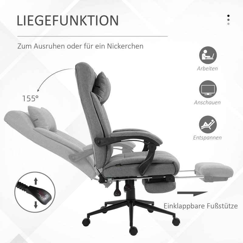 Office chair with pillow armrest Desk chair with tilt angle Height-adjustable swivel chair with footrest Linen foam PVC Light gray 66 x 76 x 112-120 cm