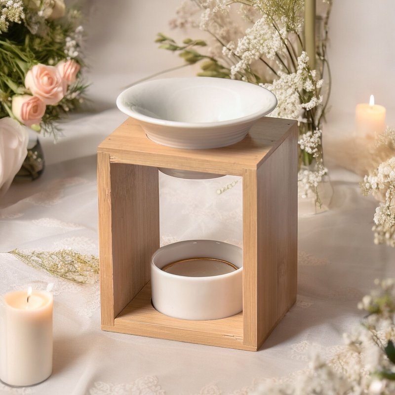 Quemador de perfume Serie Naturea - Arina - Quemador de cera perfumada - Difusor de aceites esenciales y fragancias para el hogar - Portavelas de aromaterapia de bambú y cerámica