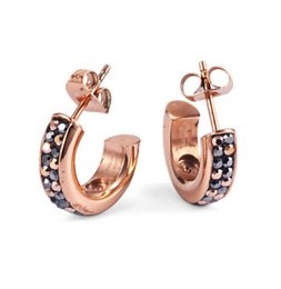  Rose gold hoop earrings with black crystal accents, elegant curved design for women.