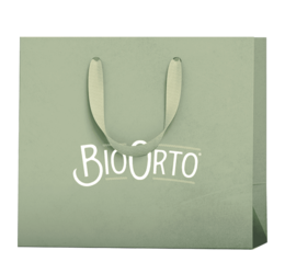 Sage green shopping bag with rope handles, BioOrto branding, eco-friendly paper bag.