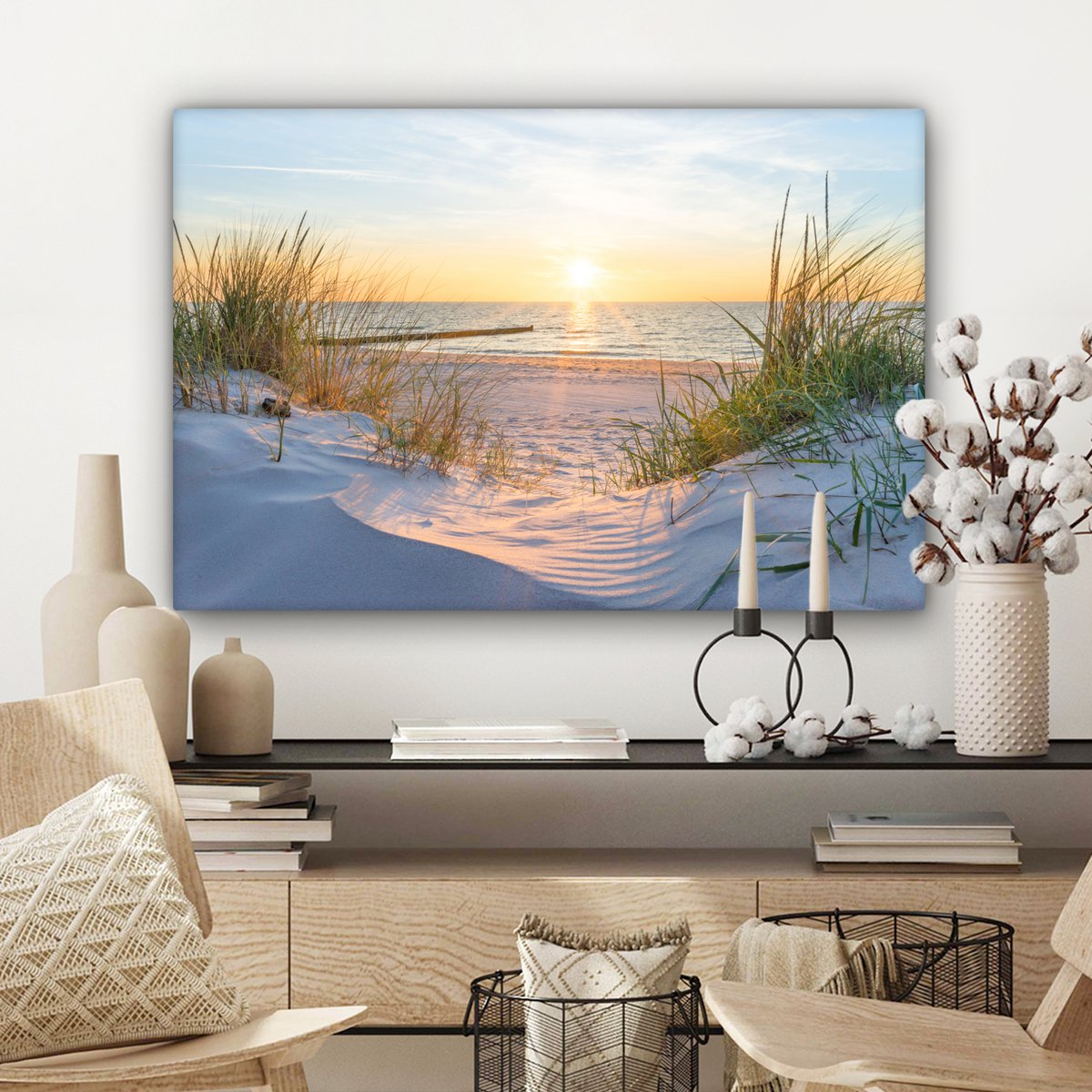Pintura de lienzo - Decoración de pared - Playa - Sol - Dune - hierba - arena - horizonte