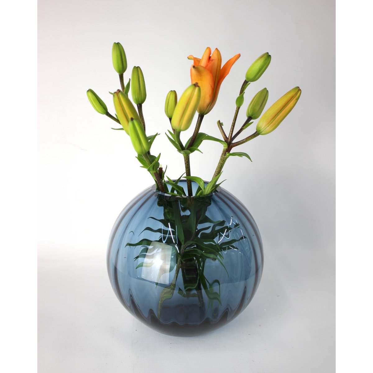 Glass vase round grooves blue vase glass handmade ball vase