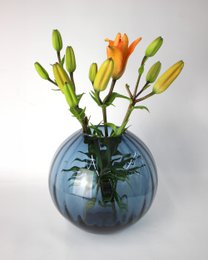 Glass vase round grooves blue vase glass handmade ball vase