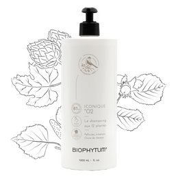 Refill bottle of ICONIQUE 02 shampoo with 12 plant extracts. Shampoo for all hair types.