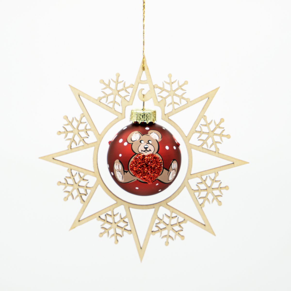 Wooden star and Christmas ball Teddy and heart