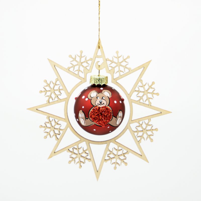 Wooden star and Christmas ball Teddy and heart