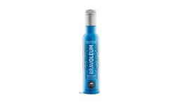  Blue glass bottle, premium Spanish extra virgin olive oil, spray dispenser top, minimalist design.