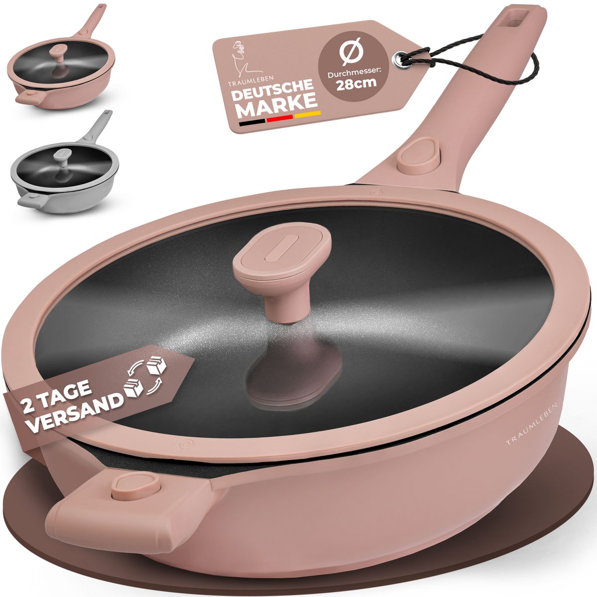 Froh Pan 28 cm, powłoka bez stałej, zdejmowane uchwyty, indukcja, festiwal piekarnika (różowy)