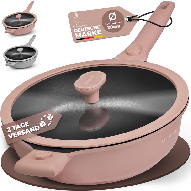 Bratpfanne 28 cm, Antihaftbeschichtung, abnehmbare Griffe, Induktion, backofenfest (rosa)
