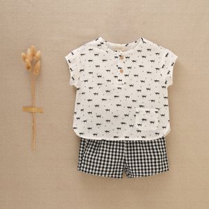 Baby boys' set with printed shirt and vichy check shorts I150-21319074