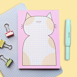 Pink cute cat notepad A6 format with grid lines, cat face design, closed eyes illustration