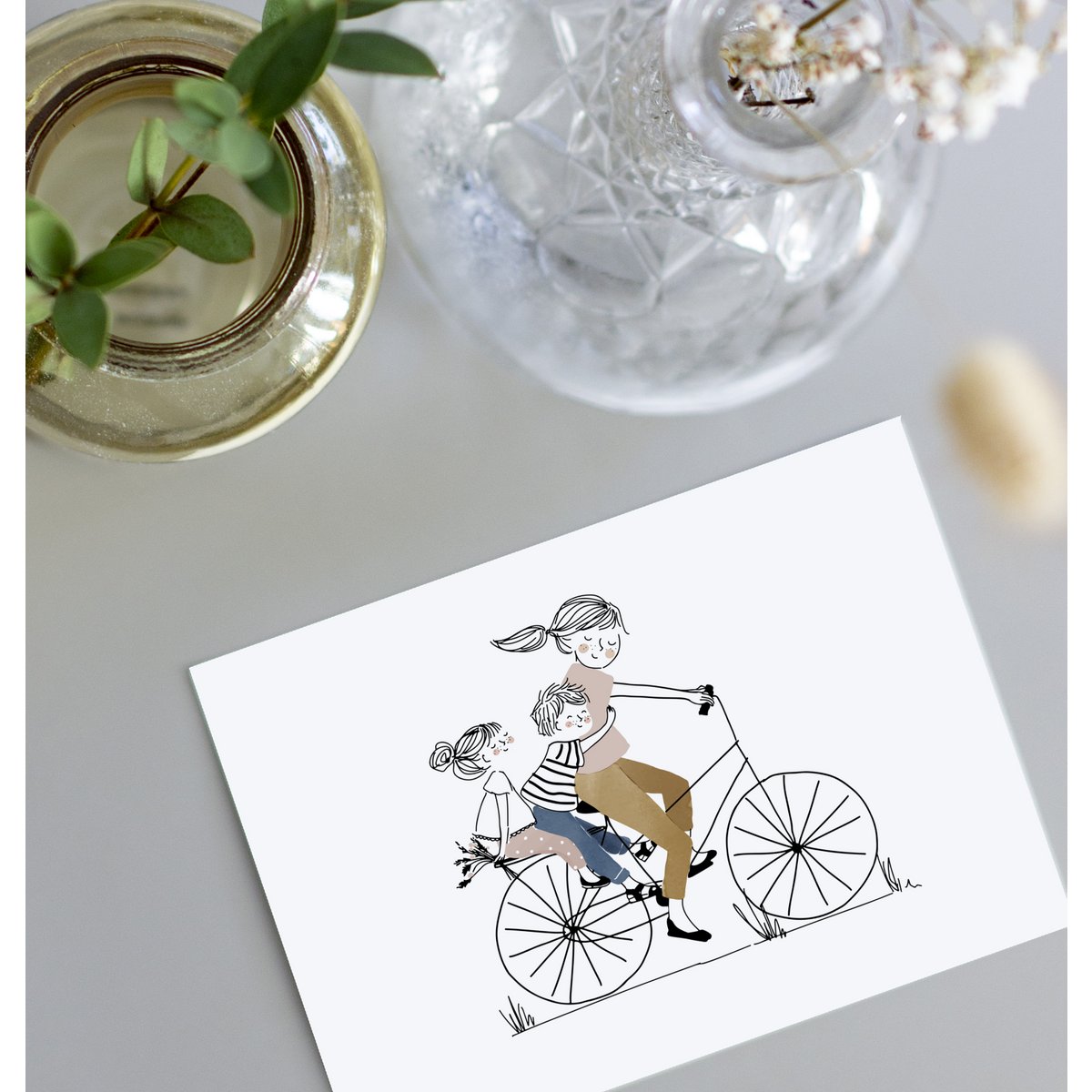 Card Bike Ride Girl and Boy - Mamá con su hija y su hijo en bicicleta