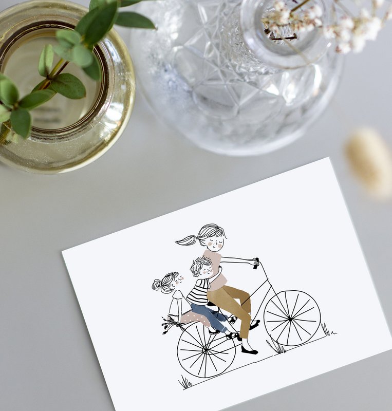 Card Bike Ride Girl and Boy - Mum with her daughter and her son on a bike