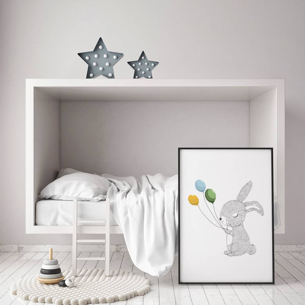 Kids room poster rabbit with balloons - Yellow blue green