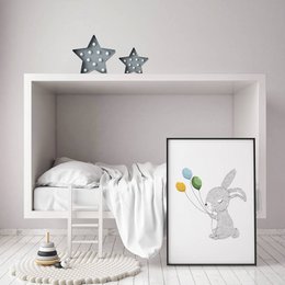 Kinderzimmer Poster Kaninchen mit Luftballons - Gelb blau grün