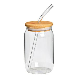Drinkglas met bamboe deksel en glazen rietje van transparant glas (B/H/D) 7x12x7cm, 350ml