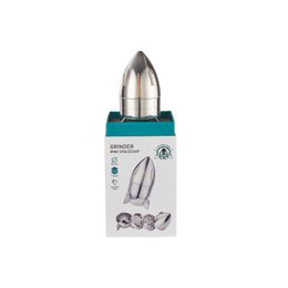  Silver rocket-shaped manual grinder with stainless steel body and grinding mechanism.