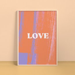  A vibrant, abstract poster featuring the word "LOVE" in bold text against a background of warm, pastel colors and textured brushstrokes.