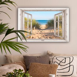 Canvas Maleri - Wall Decoration - View - Beach - Sea - Dunes - Sand - Water - Helmgras