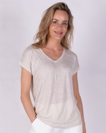 Beige linen v-neck short sleeve women's t-shirt