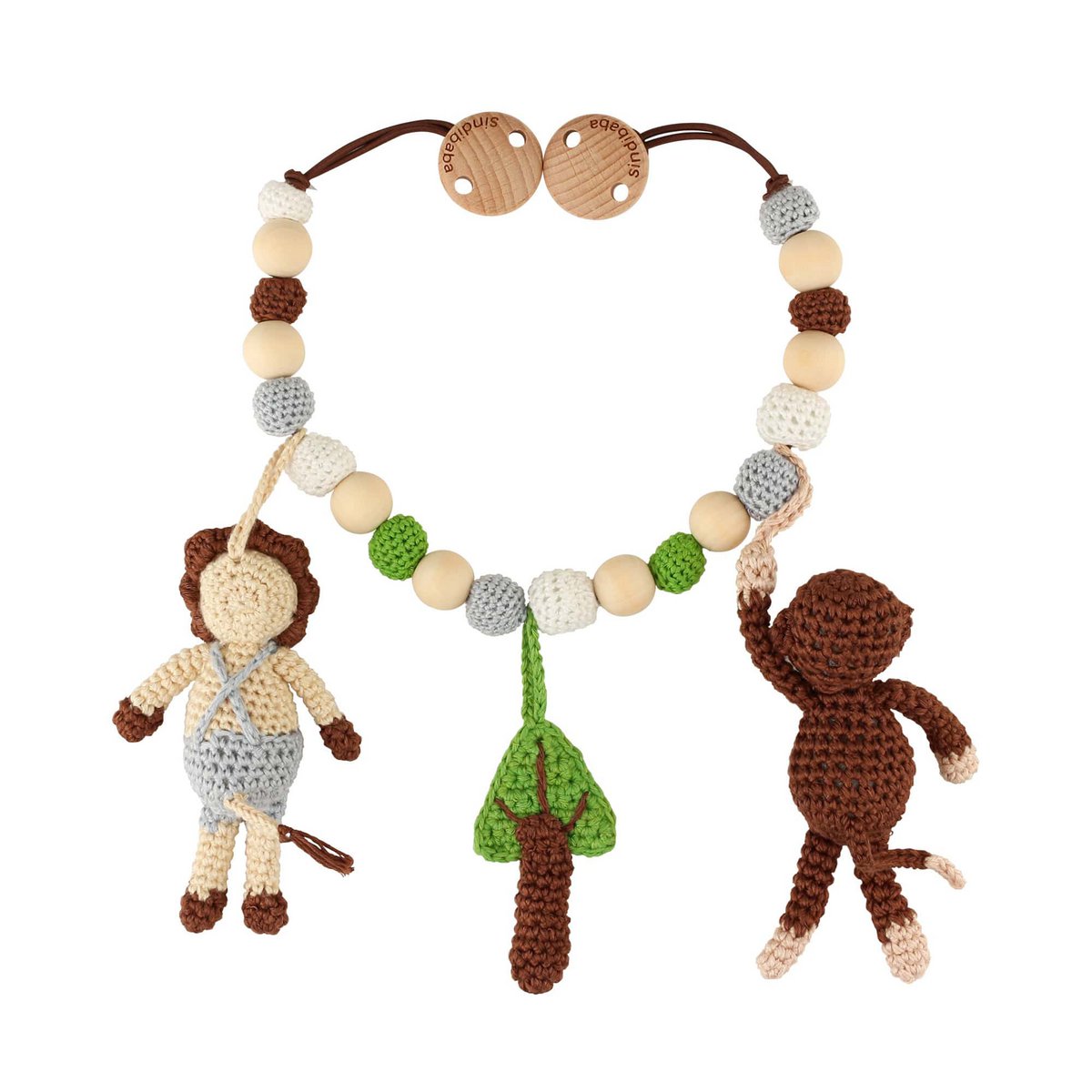 Gehaakte kinderwagenketting Safari 2: Aap & Leeuw