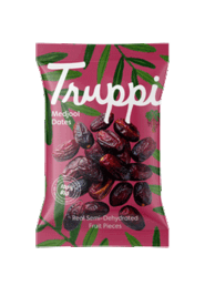 Organic Medjool dates in a vibrant pink and green package. The dates appear plump and juicy, with a natural sweetness.