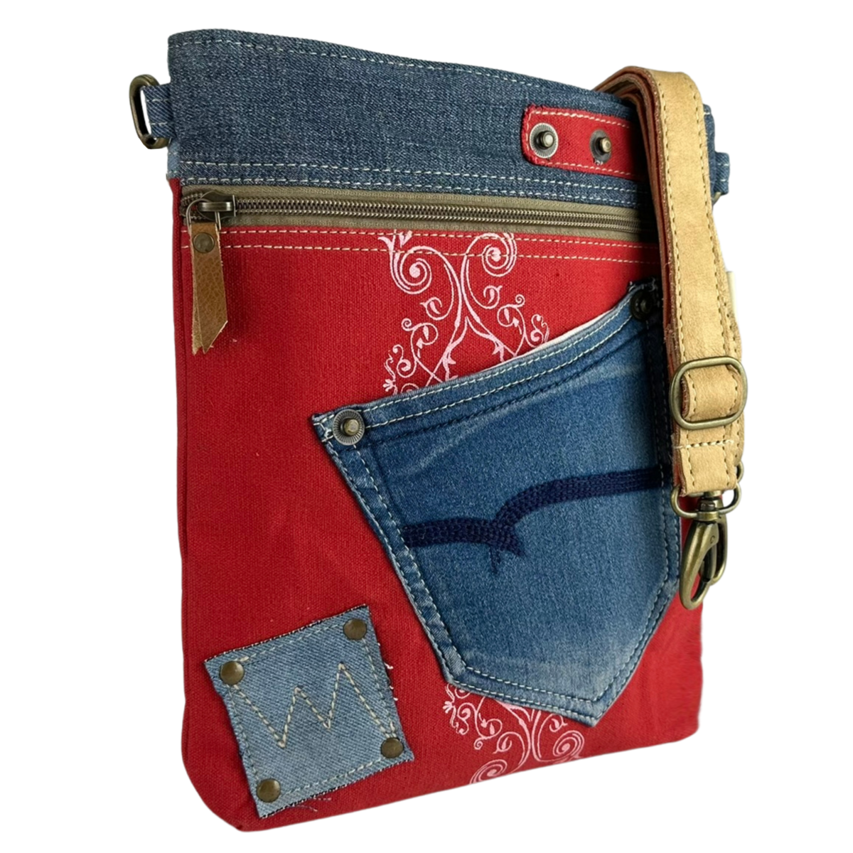Sunsa dames schoudertas. Schoudertas gemaakt van upcycled jeans en canvas. Handtas vintage retro-stijl. Crossbodytas voor dames.