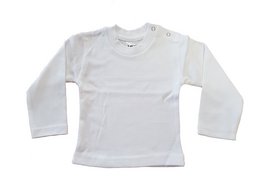 White long-sleeved baby t-shirt, suitable for infants and toddlers. Available in sizes 50-56, 62-68, 74-80, 86-92, and 98-104.