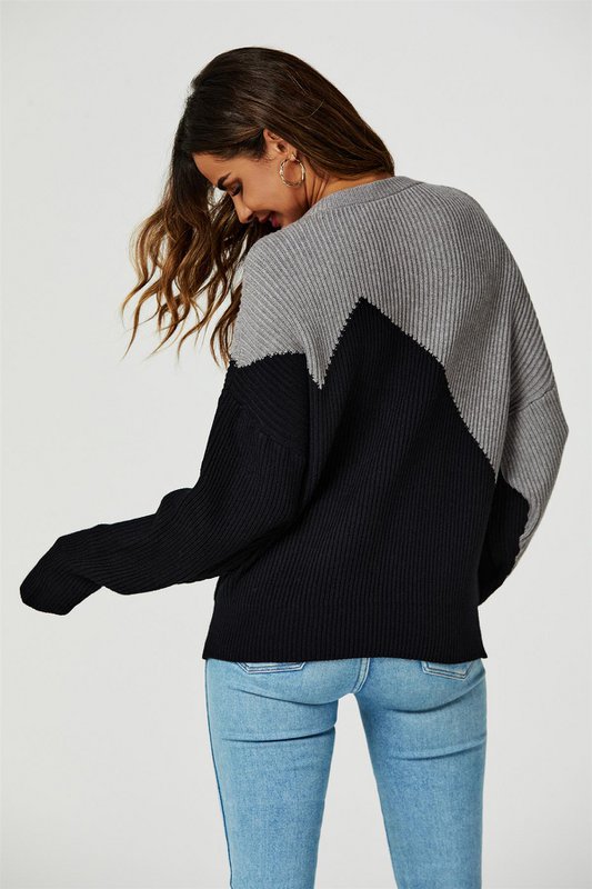 Blokerfarve afslappet strik jumper top i grå og sort