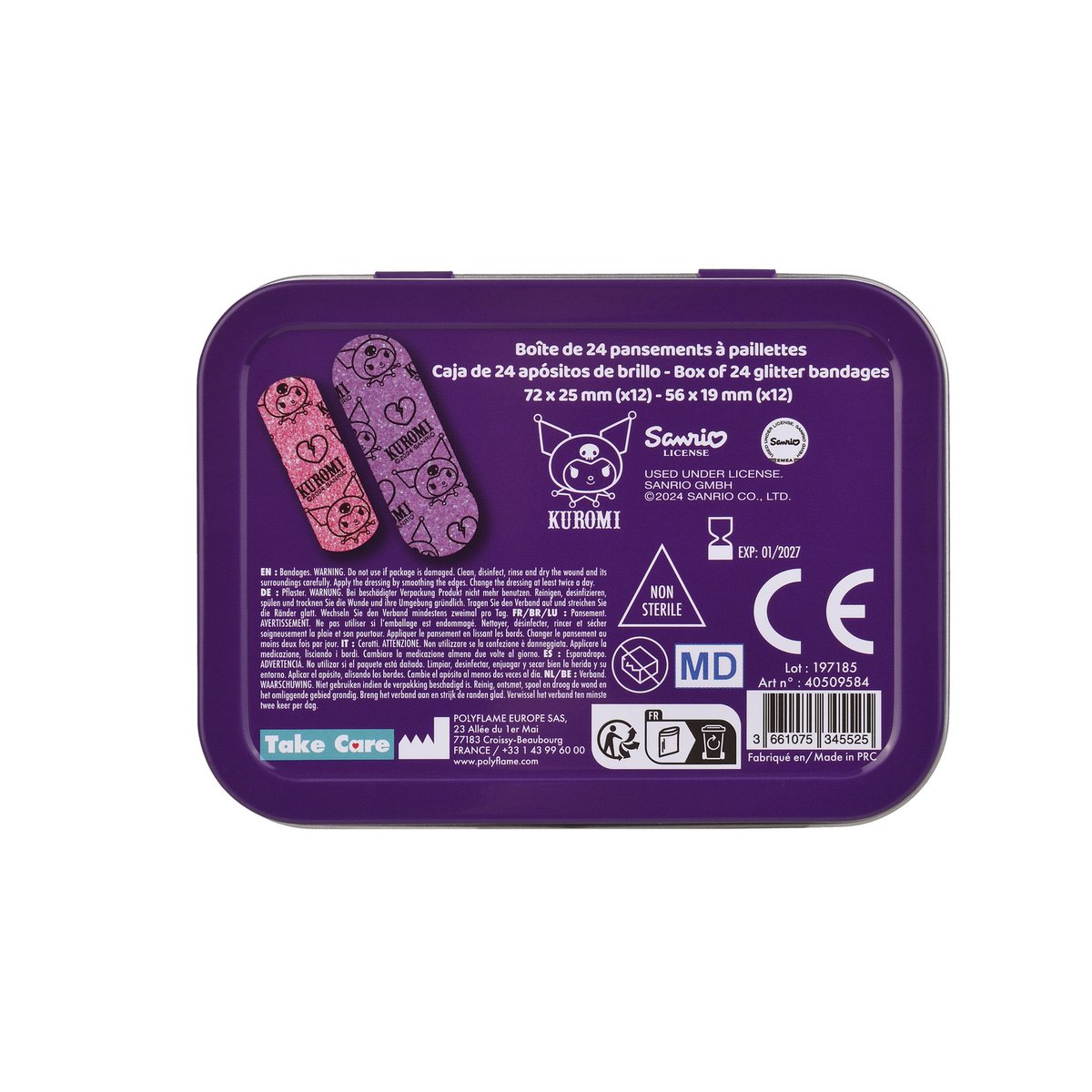 Kuromi - Caja Metálica de Vendas con Purpurina (24 Vendas)