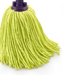 Bright lime yellow microfiber mop head, purple handle, super absorbent cleaning tool, round shape.